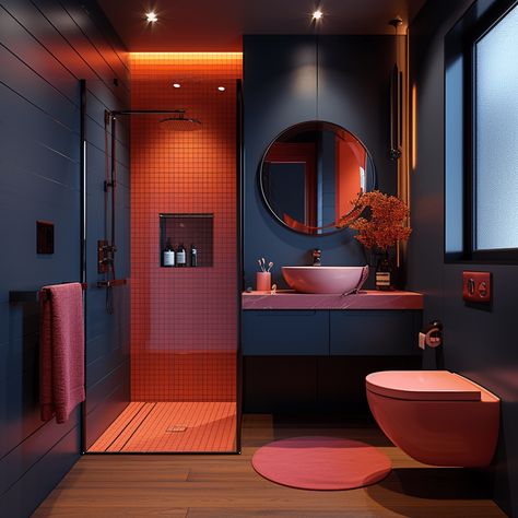 25 Bold and beautiful Dark bathroom Floor ideas that will Wow you Original Interior Design, Dark Red Bathroom, Dark Bathroom Floor, Budget Bathroom Design, Dark Modern Bathroom, Dark Blue Bathroom, Plaster Candle Holder, Bathroom Floor Ideas, Bathroom Colours