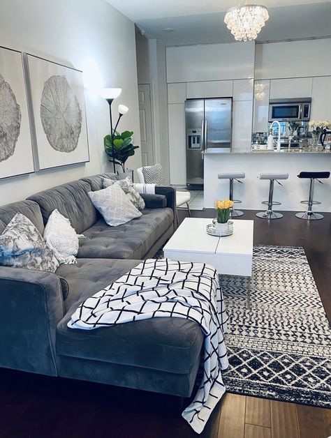 Blue And Silver Apartment Decor, Gray Living Room Ideas Apartments, Boujee Apartment Living Room, First Apartment Goals, Girl Apartment Decor, Black Living Room Decor, Cute Living Room, Apartment Decorating Living, Luxury Room Bedroom