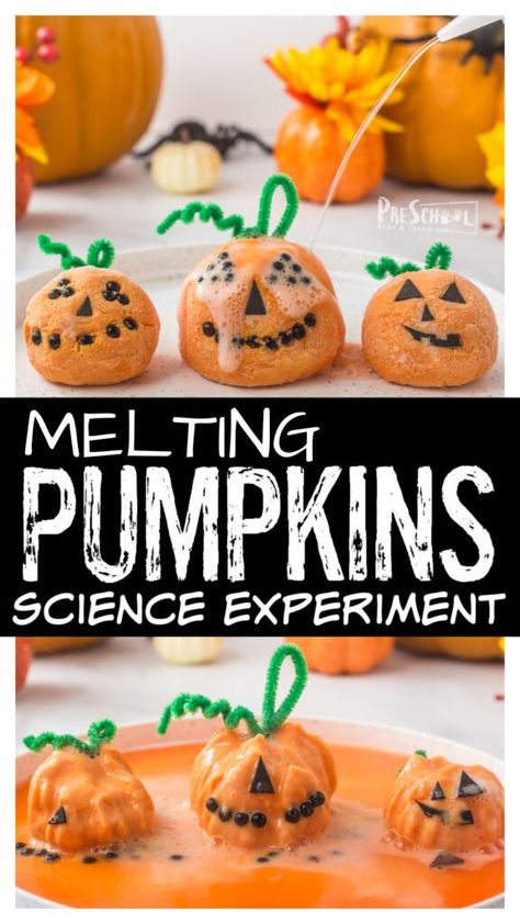 Pumpkin Science For Toddlers, Preschool Baking Soda And Vinegar, Thanksgiving Themed Science Experiments, Easy Preschool Halloween Activities, Baking Soda Pumpkin Experiment, Fall Theme Science Preschool, Fall Toddler Science Activities, November Preschool Science, Pumpkin Hammer Activity