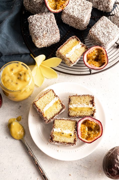 Passion Fruit Lamingtons Brick Toast, Lamingtons Recipe, Fruit Curd, Passion Fruit Curd, Passionfruit Recipes, Sponge Cake Filling, Pineapple And Coconut, Aussie Food, Passion Fruit Juice