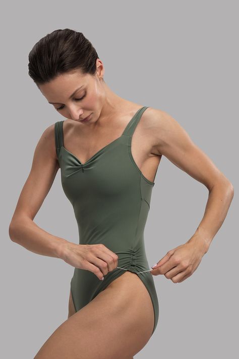 Front pinch detail creates beautiful front line and adjustable leg cut line allows ballerina to gather the leotard the way she feels comfortable. Lyrical Shoes, Flamenco Shoes, Ballet Pointe Shoes, Leotard Fashion, Dance Belt, Ballroom Shoes, Dance Sneakers, Tank Leotard, Ballet Clothes