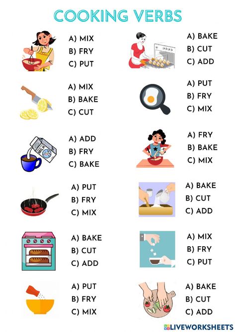 Cooking Verbs Worksheet, Cooking Worksheets For Kids, Kitchen Verbs, Action Verbs Worksheet, Verb Games, Verbs Activities, English Education, Verb Worksheets, Action Verbs