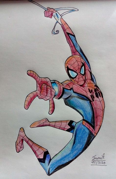 Marvel Spiderman Drawings, Spiderman Drawing Hanging, Spiderman Drawing Color, Spiderman Art Reference, Spiderman Full Body Drawing, Cool Spiderman Drawings, Spiderman Swinging Drawing, Spiderman Cartoon Drawing, Spiderman Standing