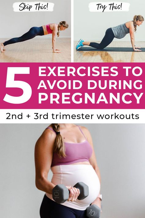 5 Exercises To Avoid During Pregnancy, plus pregnancy-safe modifications! I'm sharing tips and tricks for active mamas who worked out before and during pregnancy on how to safely adapt their workouts during the 2nd and 3rd trimesters! #fitmom #pregnancyworkouts #pregnancysafe Pregnancy Workout Plan, Pregnancy Safe Workouts, Pregnancy Workouts, Exercise During Pregnancy, Workout Bauch, 3rd Trimester, Prenatal Workout, Trimesters Of Pregnancy, Hard Workout