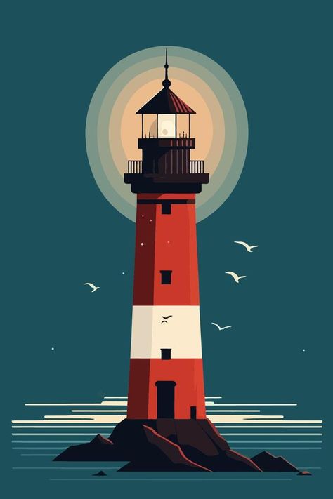 Vector Painting Art Illustrations, Light House Clipart, Fantasy Illustration Art Drawing, Lighthouse Vector Illustration, Flat Vector Art, Illustration On Illustrator, Vector Art Design Graphics, Flat Landscape Design, Lighthouse Illustration Simple