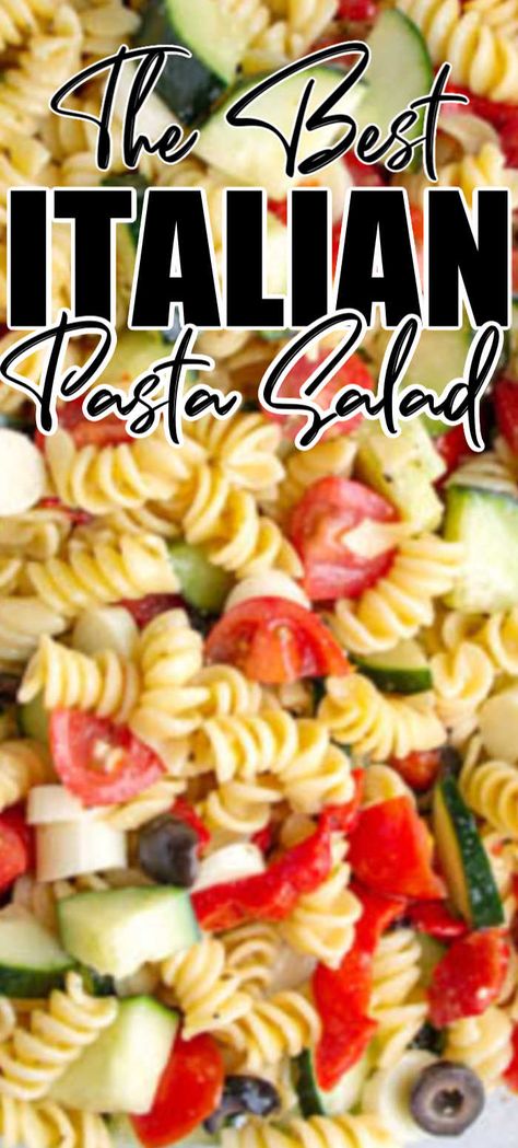 This cold pasta salad is easy to make and loaded with fresh veggies, olives and cheese and Italian dressing. Italian Pasta Salad Recipe is one of our favorite vegetarian recipes, this healthy pasta salad has no meat but can be made with salami, pepperoni or chicken if you want to. This classic side dish is perfect for any summer meal! Best Italian Pasta Salad, Best Italian Pasta, Easy Italian Pasta Salad, Summer Pasta Salad Recipes, Pasta Ideas, Cold Pasta Salad Recipes, Pasta Salad Ingredients, Italian Pasta Salad, Easy Pasta Salad Recipe