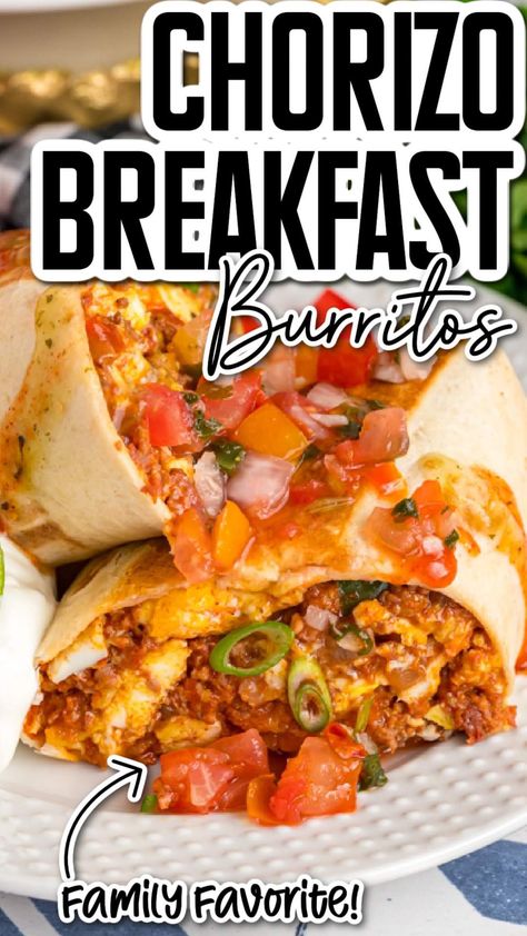 Breakfast has never been this tempting, with layers of spicy chorizo, scrambled egg, warm and gooey cheese all wrapped up in a beautifully golden brown flour tortilla. This Chorizo Breakfast Burrito is not a recipe to miss! Chorizo Breakfast Burrito, Burrito Ingredients, Breakfast Burrito Recipe, Chorizo Breakfast, Chorizo And Eggs, Burrito Recipe, Breakfast Burritos Recipe, Breakfast Prep, Flour Tortilla