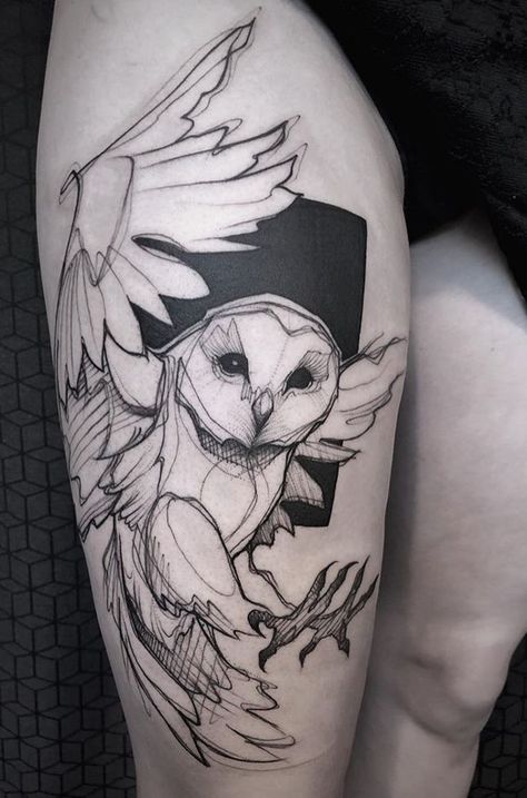 Owl Totem Tattoo, Labyrinth Owl Tattoo, Leonardo Divinci Tattoo, Owl Sketch Tattoo, Owl Tattoo Sketch, Owl Thigh Tattoos, Collioure France, Tattoo Japonais, Minnesota Tattoo