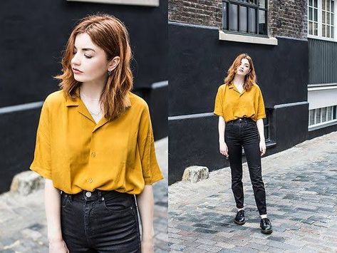 Yellow Shirt Black Jeans Outfit, Mustard Shirt Outfit Work, Yellow Shirt With Jeans, Yellow Shirt Outfit Women Work, Mustard Shirt Outfit, Yellow Shirt Outfit Women, Mustard Top Outfit, Yellow Blouse Outfit, Yellow Shirt Outfit