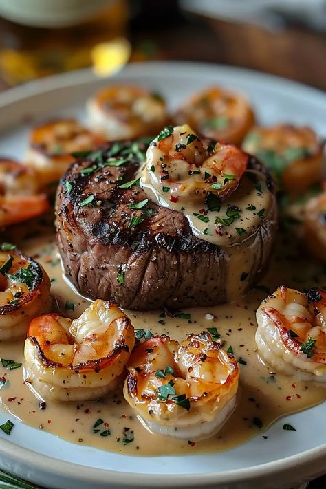 Filet Mignon with Shrimp and Lobster Cream Sauce offers a perfect blend of tender steak and rich seafood in a luxurious cream sauce. Five Course Meal Ideas, Lobster Cream Sauce, Lobster Sauce, Mignon Steak, Filet Mignon Steak, Filet Mignon Recipes, Lobster Dishes, Michelin Star Food, Creamy Shrimp