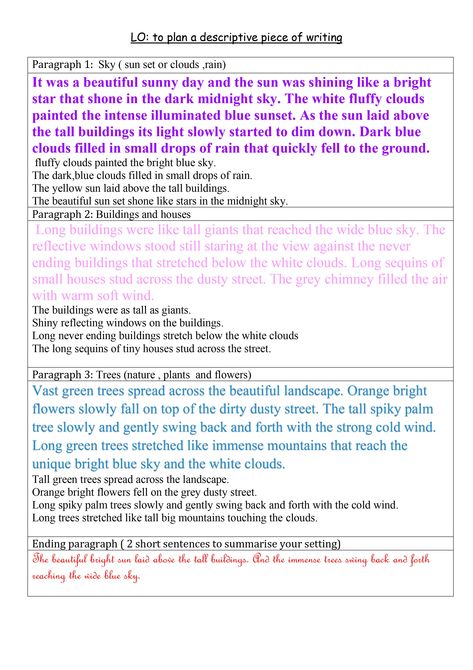 This is Alicia's piece of descriptive writing - her planning is written in black, and her text is in colours! Descriptive Phrases On Scenery, Scenery Description Writing, Sunset Description Writing, British College, Writer Memes, Blue Sunset, British Accent, Paragraph Writing, Descriptive Writing