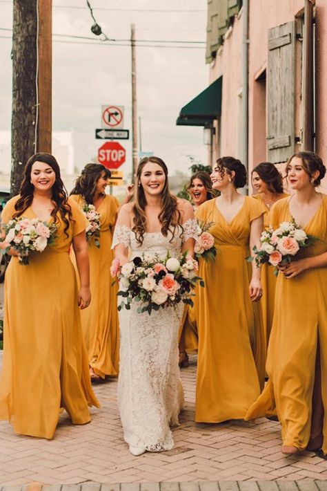 18 Yellow Bridesmaid Dresses For Bright Celebration ❤  yellow bridesmaid dresses long v neckline with cap sleeves mustard cody allison photography ❤ #weddingdresses Mustard Yellow Bridesmaid Dress, Popular Bridesmaid Dresses, Yellow Bridesmaid, Fall Bridesmaids, Fall Bridesmaid Dresses, Yellow Dresses, Yellow Bridesmaid Dresses, Wedding Dress Guide, Yellow Bridesmaids