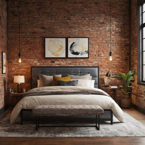 A chic urban loft bedroom with modern-industrial elements, including exposed brick walls, a metal-framed bed, and abstract art, blending city vibes with comfort. #LoftBedroom #ModernIndustrial #ExposedBrick #MetalFramedBed #AbstractArt Brick Wall Bedroom Ideas, Brick Bedroom Ideas, Classy Bed, Exposed Brick Bedroom, Small Bedroom Decor Ideas For Women, Brick Wall Bedroom, Bedroom Luxurious, Brick Bedroom, Bedroom Decor Ideas For Women