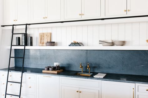 design |    @gatherprojects     staging |    @lexigracedesign Blue Countertops, Metal Interior Design, Soapstone Kitchen, Kitchen Color Trends, Best Kitchen Colors, Soapstone Countertops, Dark Countertops, Kitchen Design Trends, Cosy Home