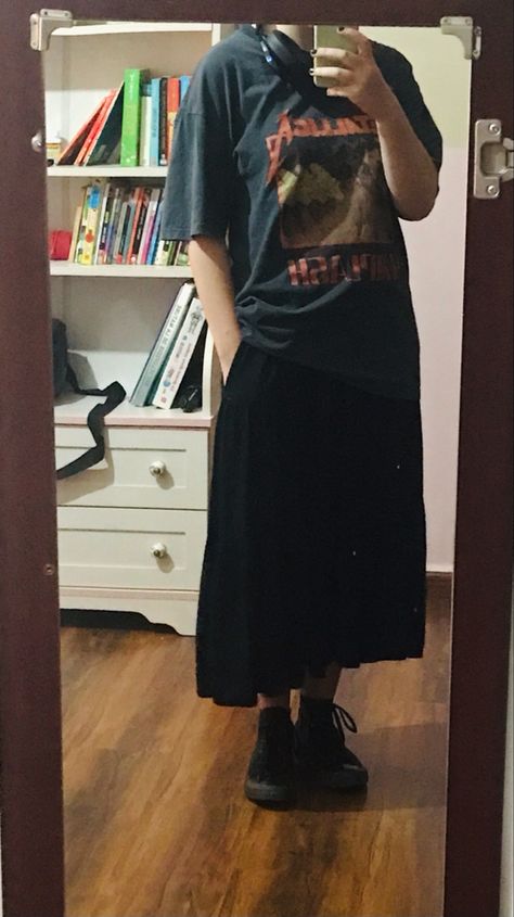 i tried my moms skirt and it doesnt look that bad- Big T Shirt Long Skirt, Long Skirts With Tshirts Outfit, Long Skirt Big Shirt, Long Skirt Baggy Shirt, Baggy Shirt And Skirt, Masculine Skirt Outfit, Long Skirt Tshirt Outfit, Masc Skirt Outfit, Long Skirt And Tshirt Outfits