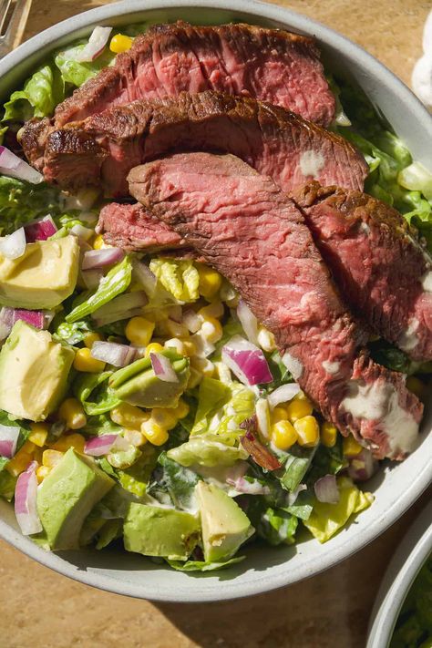 Salad With Roasted Veggies, Skirt Steak Salad, Salad With Steak, Gluten Free Salad Dressing, Cobb Salad Ingredients, Roasted Corn Salad, Steak Salad Recipe, Grilled Steak Salad, Veggie Salad Recipes