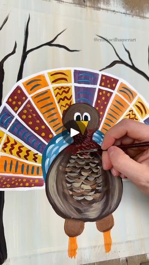 Thanksgiving Turkey Painting | Let's paint a turkey for Thanksgiving! 🎨🦃This colorful step by step painting tutorial is a perfect one for kids and adults to celebrate 🎉
#Thanksgiving... | By Emily Seilhamer Art | Those of you who asked for a
turkey painting for Thanksgiving this is a cute one
just for you so taking a mop brush I'm using tan white and a
little bit of sky blue together and just doing a simple up and
down background all the way across I'm using a 12 by 12
piece of textured cardstock today then dry it and grab a
size six round brush I'm going to use dark brown and a
little bit of black to do some trees and my turkey is going to
be in the middle of my picture so I'm only going to do two
trees one on the right and one on the left. Notice how it's
all the way to the right hand Turkey Dot Painting, Turkey Painting, Turkey For Thanksgiving, Turkey Art, Who Asked, Two Trees, Round Brush, Step By Step Painting, Dot Painting