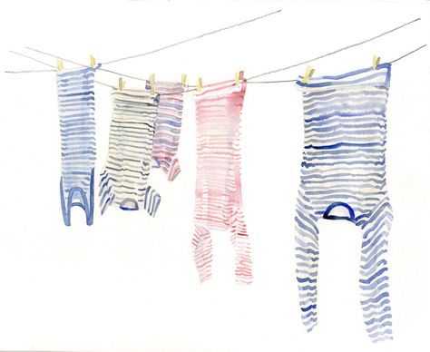 Clothesline Watercolor Painting, Washing Line Illustration, Watercolor Clothesline, Clothesline Drawing, Clothesline Illustration, Watercolor Laundry, Washing Illustration, Clothesline Art, Clothes Illustration