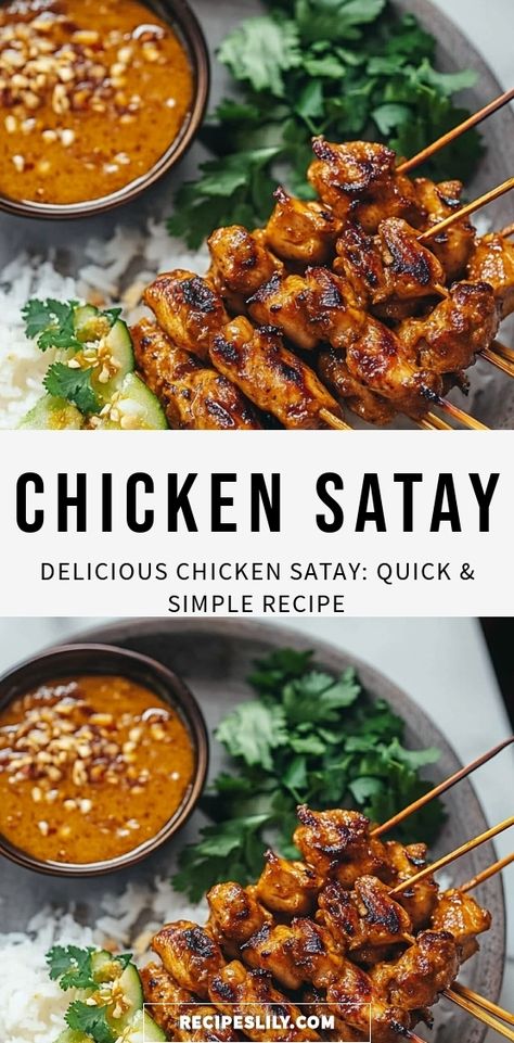 Delight your taste buds with mouthwatering Chicken Satay! This easy-to-follow recipe features tender marinated chicken skewers grilled to perfection, served with a creamy peanut sauce that’s simply irresistible. Perfect for any gathering or a cozy night in, it's sure to impress your family and friends. Spice up your dinner routine and savor the incredible flavors of this Southeast Asian classic. Try it today and elevate your home cooking game! Almond Butter Chicken Satay, Chicken Satay Air Fryer, Thai Satay Chicken, Chicken Hors D’oeuvres, Chicken Satay Marinade, Satay Chicken Recipe, Chicken Skewers With Peanut Sauce, Chicken Skewers Grilled, Satay Marinade