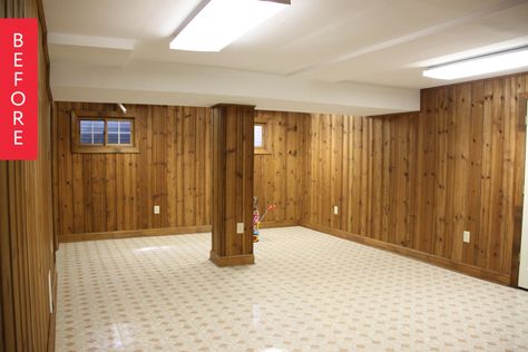 Wood paneling and tile and fluorescent lights, oh my! Heather’s basement was lacking a cozy charm and full of standard issue basement problems (we’re talking about you, mold) so she flexed some serious DIY muscle and turned the space into a warm, family friendly hang out. From Heather: This basement remodel was a heavy lift. We started out with a linoleum and wood paneled jungle, complete with mold, mice, mildew, and hardly a beam of natural light as far as the eye could see. Basement Remodeling Before And After, Wood Paneling Makeover, Low Ceiling Basement, Paneling Makeover, Basement Decoration, Basement Conversion, Dark Basement, Old Basement, Basement Makeover