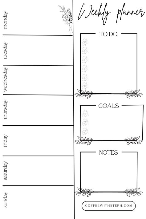 This is a free weekly planner printable. There are spaces for each day of the week, to do list, goals and notes. It is in black and white for easier printing. 2 Week Planner Printable, Undated Weekly Planner Free Printable, Free Weekly Printable Planner, Craft Project Planner Printable Free, Planner Sheets Printables Free, Week At A Glance Printable Free, Weekly Planner Pdf Free, Weekly Checklist Template, Mom Planner Printables Free