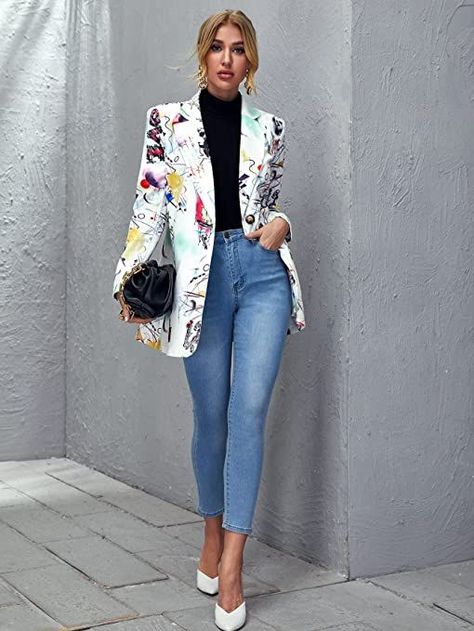 Women's Long Sleeve Lapel Button Pop Art Print Work Office Blazer Mode Pop, Plus Size Cardigan, Looks Jeans, Mens Clothing Brands, Plus Size Cardigans, Y2k Aesthetic Outfits, Blazer Set, Pop Art Print, Printed Blazer