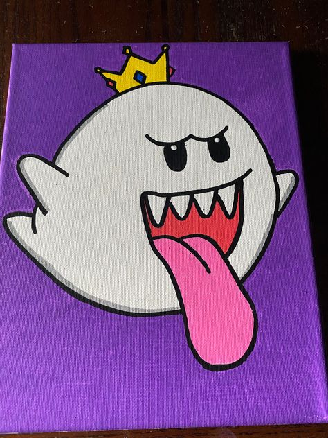 "8\"x10\" Mario Kart 8 King Boo Painting made with Posca Paint Pens" Canvas Painting Drawing Ideas, Buttercup Canvas Painting, King Boo Painting, Yoshi Canvas Painting, Cartoon Art Canvas Painting, Easy Mario Painting, Cartoon Pop Art Painting, Mario Acrylic Painting, Mario Canvas Painting Easy