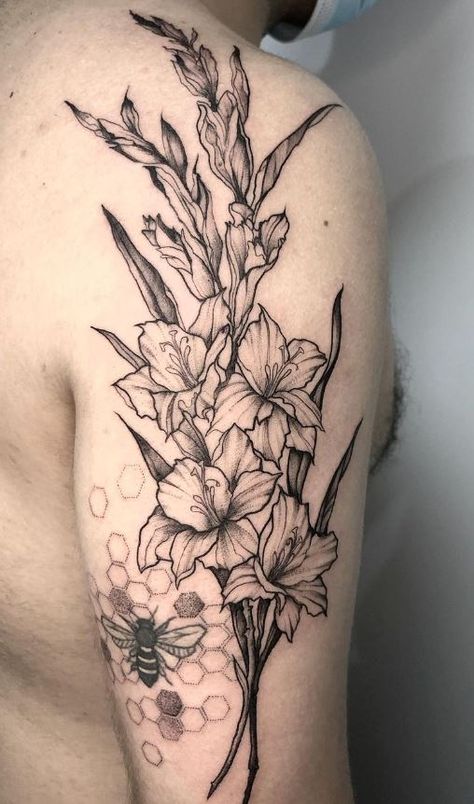 August Flower Tattoo Gladioli, Gladiolus Vine Tattoo, Gladiolus And Daffodil Tattoo, Gladiolus Tattoo Sleeve, Gladiolus Line Drawing, Asphodel Flower Tattoo, Poppy And Gladiolus Tattoo, Gladiolus Tattoo Design, Gladiolus Flower Drawing