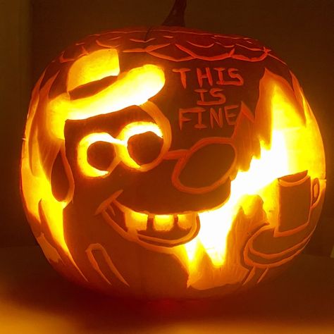 My carved pumpkin from the “This Is Fine” meme Meme Pumpkin, Drunk Pumpkin, Everything Is Fine Meme, Pumpkin Inspo, This Is Fine Meme, Funny Pumpkin Carvings, Frankenstein Pumpkin, Pumpkin Cravings, Pumpkin Carving Designs