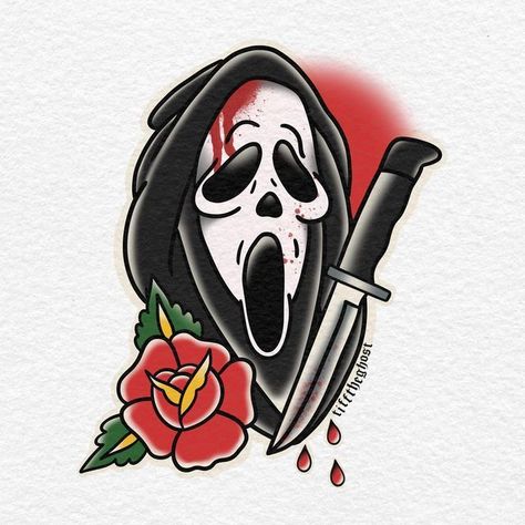 Horror Movie Tattoos, Nostalgic 90s, Movie Tattoo, Scream 6, Creepy Tattoos, Spooky Tattoos, Traditional Tattoo Design, Tattoo Stencil Outline, Horror Tattoo