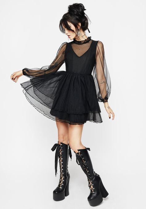 Headhunter Frill Neck Mini Dress Layered Mini Skirt, Tulle Mini Dress, Black Layers, Long Puff Sleeves, Printed Denim, Tee Dress, Puff Sleeves, No Frills, Fit And Flare