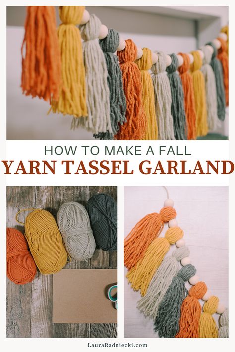 Yarn Banner Diy, Easy Fall Home Decor Ideas, How To Make Yarn Garland, Tree Tassel Garland, Diy Tassel Garland Yarn, Yarn Thanksgiving Crafts, Diy Fabric Tassel Garland, Autumn Pom Pom Garland, Fall Yarn Garland Diy