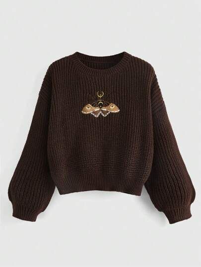 Pullover Embroidery Ideas, Brown Clothes Aesthetic, Cute Fall Sweaters, Nature Sweater, Sweaters Aesthetic, Hippie Embroidery, Cottage Core Sweater, Clothes Shein, Fall Clothes For Women