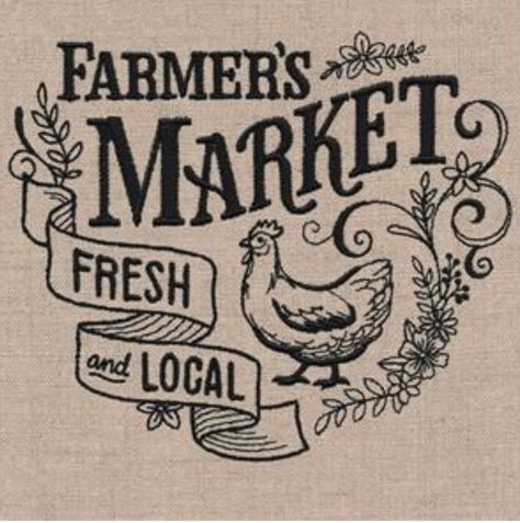 Farmers Market fresh and local chickens, tea towel. Designs are 5 X 7. Done on high quality towel with polyester thread.  This towel is 21 X 27 inches and has the loop on the back to hang. How cute is this design? Embroidered on a 100 % cotton towel. stock photo so colors of the thread may verify slightly, Farmers Market Signage, Farmers Market Logo, Market Signage, Library Embroidery, Farmers Market Display, Farmers Market Sign, Farm Store, Market Sign, Farm Logo