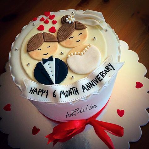 6 Month Anniversary Cake Design, One Month Anniversary Cake, 6 Months Anniversary Cake, Couple Cake Anniversary, 6 Month Anniversary Cake, Anniversary Fondant Cake, Monthsary Cake, Simple Anniversary Cakes, Bon Voyage Cake