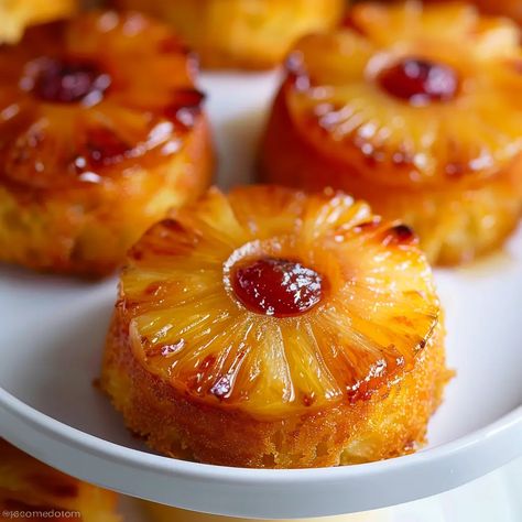 Mini Pineapple Upside Down Cakes Mini Pineapple Upside Down Cheesecake, Pineapple Upside Cake, Pineapple Upside Down Cakes, Pineapple Upside Down Cake Recipe, Mini Pineapple Upside Down Cakes, Upside Down Cakes, Pineapple Cupcakes, Pineapple Cake Recipe, Bible Camp