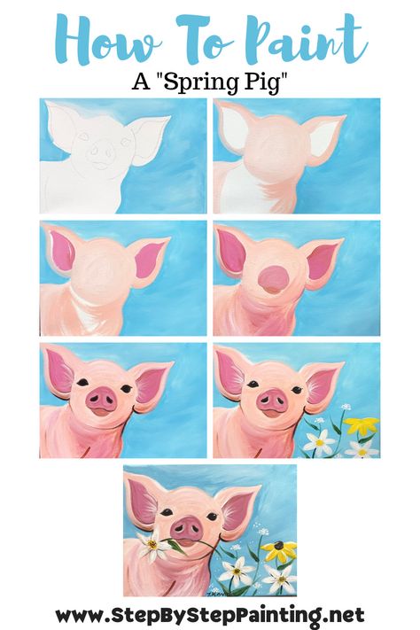 canvas painting, pig painting, how to paint a pig, easy pig painting, painting tutorial Pig Painting, Pig Drawing, Acrylic Tutorials, Pig Art, Canvas Painting Tutorials, Cute Canvas Paintings, Easy Canvas Painting, Canvas Painting Designs, Full Picture