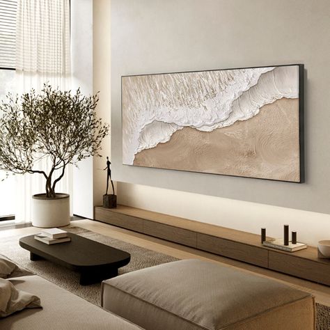 Art Ideas For Living Room Wall, Living Room Tv Wall Inspiration, Organic Home Decor Natural, Waves Textured Art, Textured Wall Living Room, Bedroom Paintings Canvas Wall Art, Textured Art Ideas, Large Textured Wall Art, Neutral Painting