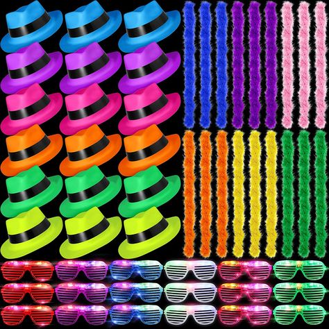 Amazon.com: 54 Pieces Neon Party Supplies 18 Pcs Glow Light up LED Flashing Shutter Shades Glasses with 18 Pcs Neon Gangster Hats 18 Pcs Colorful Feather Boas for 80's Style Carnival Mardi Gras New Years Party : Toys & Games Neon Glow Party Food, Neon Disco Party Ideas, 80s Neon Party, Glow Party Food, Neon Disco Party, Gangster Party, Pool Party Adults, Neon Party Supplies, Bachelorette Party Gift Bag