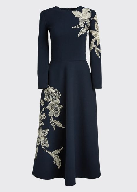 Oscar de la Renta Long-Sleeve Day Dress with Flower Embroidery Oscar de la Renta dress in crepe with placed embroidered floral lace. Crew neckline. Long sleeves. A-line silhouette. Hem falls below the knee. Purchase Worn by Queen Maxima on:7 April 2022 Dress Like A Royal, Traditional Dresses Indian, Dress With Flower Embroidery, Frocks For Women, Embossed Dress, Beautiful Frocks, Queen Máxima Of The Netherlands, Royal Queen, Fashionista Clothes