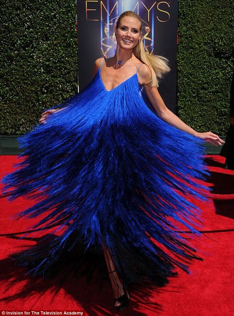 Up and away: Heidi Klum wore a loud royal blue dress for her turn on the Creative Arts Emmy Awards red carpet Project Runway Dresses, Royal Blue Dress, Looks Party, Project Runway, Fringe Dress, Emmy Awards, Heidi Klum, On The Red Carpet, Fashion Tips For Women