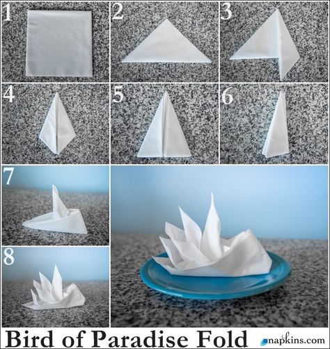 Bird of Paradise Napkin Fold | Paper napkin folding, Fancy napkin folding, Napkin origami Napkin Origami, Creative Napkin Fold, Oasis Decor, Diy Napkin Folding, Napkin Folding Tutorial, Fancy Napkin Folding, Christmas Napkin Folding, Easy Napkin Folding, Cloth Napkin Folding