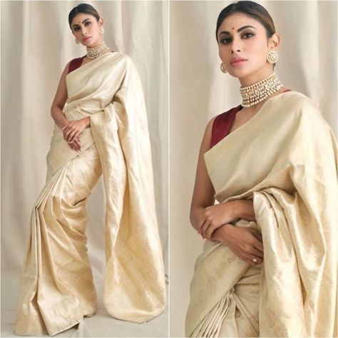 Saree Pants, Grand Saree, Mouni Roy Dresses, Off White Saree, Bridesmaid Outfits, Bengali Saree, Choli Blouse, Mouni Roy, Lehnga Dress