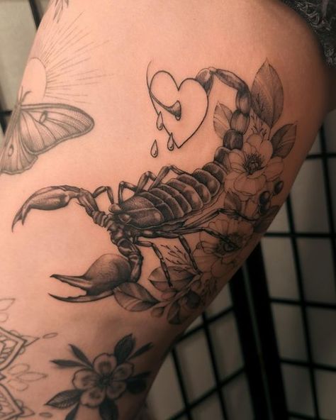 Scorpion With Heart Tattoo, Scorpion Thigh Tattoo, Scorpion Heart Tattoo, Heart Scorpion Tattoo, Inner Thigh Tattoo, Inner Thigh Tattoos, Oregon Tattoo, Tattoo Realism, Idea Tattoo