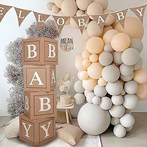 Gender Neutral Baby Shower Decorations, Neutral Baby Shower Decorations, Modern Baby Shower Themes, Gender Reveal Backdrop, Balloon Boxes, Baby Shower Decorations Neutral, Baby Shower Box, Bohemian Baby Shower, Balloon Box