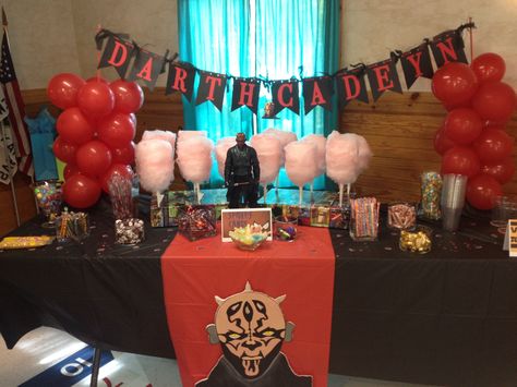 The Darth Maul candy table that we decorated for my sons villains vs. superheroes themed Birthday Party. He LOVES the villains #starwars #villains #Birthday Sith Birthday Party, Star Wars Husband Birthday, Darth Maul Birthday Party, Darth Maul Birthday Cake, Star Wars Fifth Birthday, Sith Happens, Star Wars Themed Birthday Party, Star Wars Sith, Star Wars Birthday Party