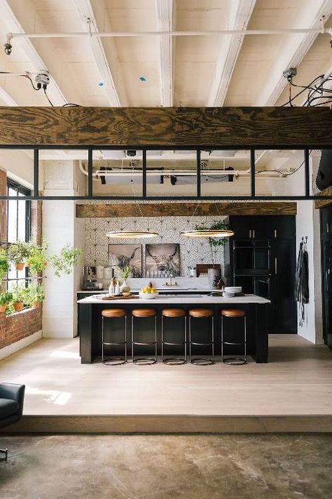 5 Common Decor Mistakes To Avoid In the Living Room Kitchen Design Industrial, Leather Barstools, Industrial Kitchen Island, Industrial Kitchen Design, Loft Kitchen, Large Kitchen Island, Loft Decor, Rustic Kitchen Design, Classic Kitchen