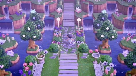 winnie ( ˘⌣˘)♡ on Twitter: "my entrance at night 🌙 in love with this stone path ✨ #ACNH #fairycore… " Flower Bed Path Acnh, Purple Animal Crossing Aesthetic, Acnh Museum Exterior, Fairycore Acnh, Fairy Garden Images, Town Layout, Fairy Island, Pink Island, Woodland Wallpaper