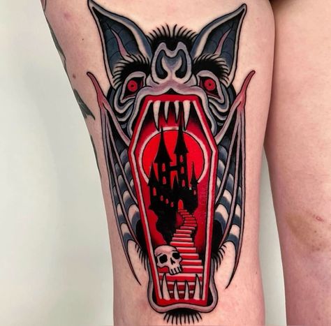 New School Tattoo Halloween, Trad Ghost Tattoo, American Traditional Ghost Tattoo, American Traditional Ghost, Traditional Castle Tattoo, Traditional Ghost Tattoo, Dark Traditional Tattoo, Nerd Tattoos, Most Beautiful Tattoos