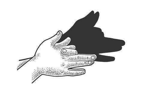 Dog shadow by hands sketch engraving vector illustration. T-shirt apparel print design. Scratch board imitation. Black and white hand drawn image. Hands Shadow, Shadow Sketch, How To Draw Shadow, Hands Sketch, Shadow Puppets With Hands, Dog Shadow, Shadow Tattoo, Hand Shadows, Cool Minecraft Creations